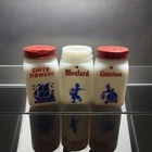3 VTG Milk Glass Spice Jars 2 Red metal Lids Replacement Retro Kitchen Made USA