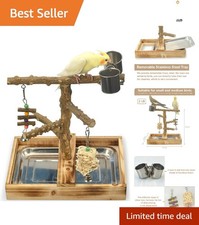 Elegant Natural Wood Bird Playground with Removable Tray  Stainless Steel Cups