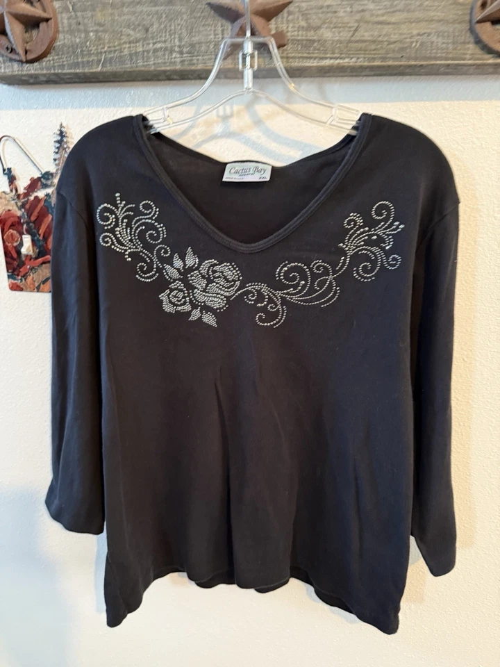 Camisa Cactus Bay Para Mujer XXL Negra Estrás Bling Y2K De Colección Manga Larga EE. UU. Foto 2 de 4