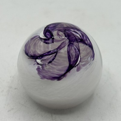 Vintage CAITHNESS SCOTLAND PIXIE PAPERWEIGHT 2x2  Purple And White Glass Art