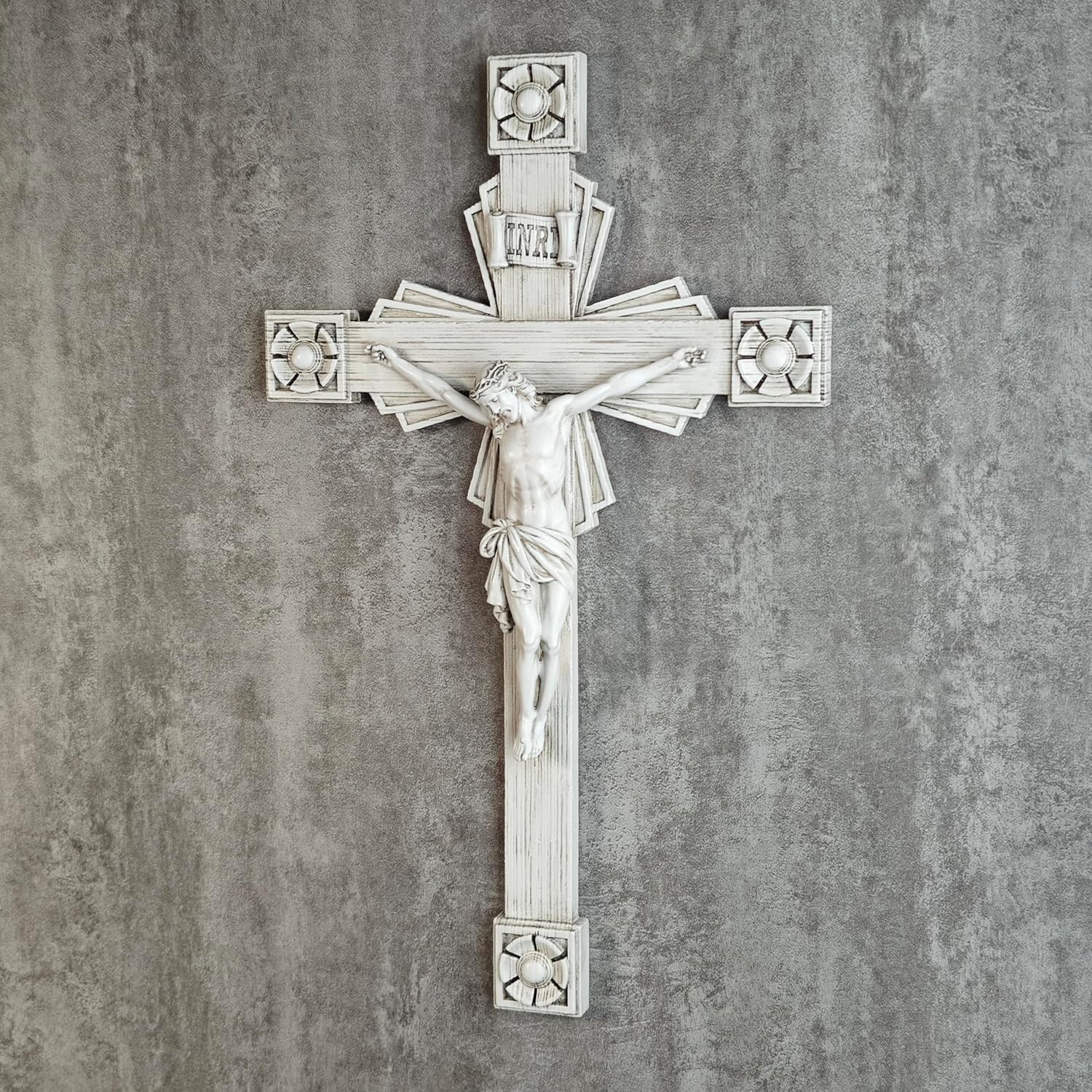 BC Catholic Crucifix Wall Cross, Jesus Christ Home 12.3L x 7.5W, Grey White 