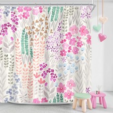 Hot Pink Cute Floral Shower Curtain, Colorful Kids Watercolor Flower Fabric S...