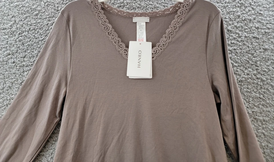 Hanro Moments 蕾丝边睡衣女式 XS/2-4 石洗 V 领四分之一袖 — 第 3/4 张图片