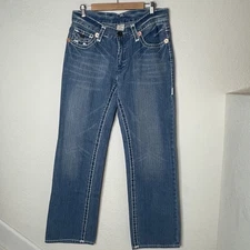 True Religion Mens Jeans Size 34 Blue Thick Stitch Flap Pockets Made In USA