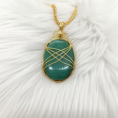 150Ct Elegant Green Jade Oval Pendant | Premium Golden Wire Wrapped Necklace