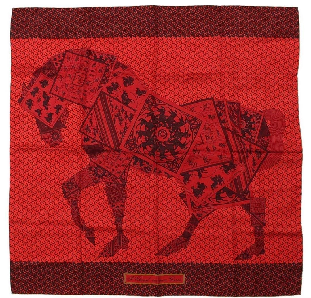 Hermes — HERMES Carre 90 A Cheval Sur Mon Carre Silk Scarf Red 35in w/Box SR1662
