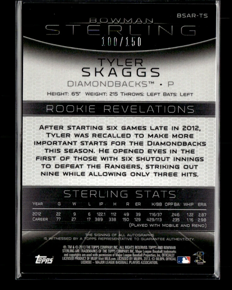 Tyler Skaggs 2013 Bowman Sterling Refractor Auto 100/150 - Image 2 of 2