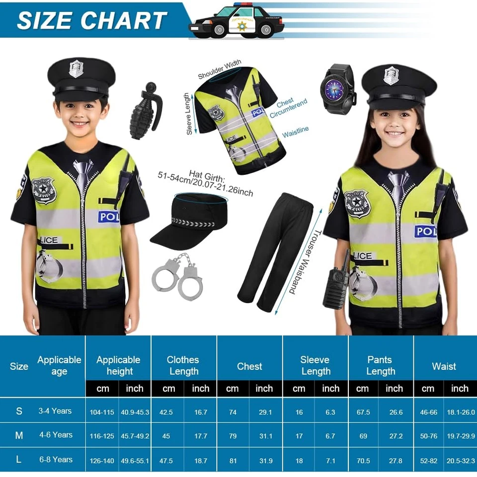 Police Deguisement Enfant, 11Pcs Policier Costume Courte avec Chapeau - Photo 2/4