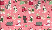Hallmark Wrapping Paper Christmas Cute Cats and Dogs Pink 35 sq ft Roll Holiday