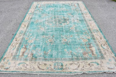 Turkish Rug 6,7x9,9 ft, Blue White Striped Wool Vintage Rug
