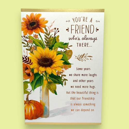 Thanksgiving FRIEND Greeting Card Hallmark Grateful Flowers Pumpkins Foil Font