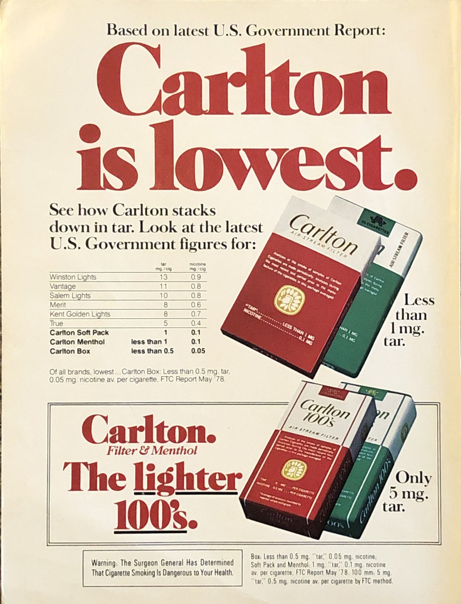 PRINT AD 1978 Carlton Cigarettes Carlton Lowest Tar US Gov Report Lighter  100s