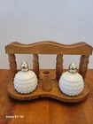 Vtg Wood Salt And Pepper Toothpick Napkin Caddy Milk Glass Hobnail Shakers Japan