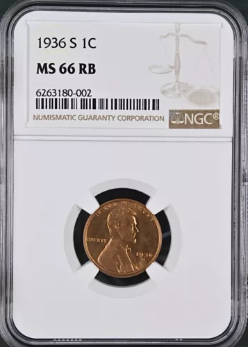 1936-S 1C RB Lincoln Wheat One Cent NGC MS66RB  6263180-002