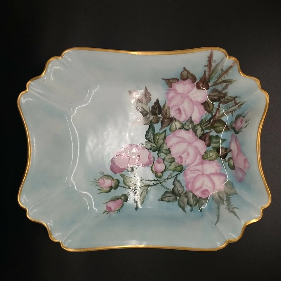 Limoges France Porcelain Dish A Lanternier Blue Vanity Tray Hand Painted Roses - Image 4 of 4
