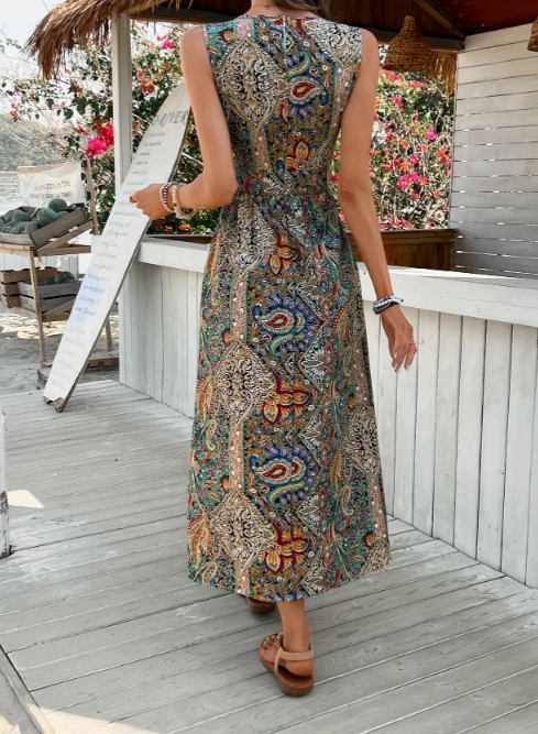 Paisley-Druck V-Ausschnitt Jumpsuit, Boho, ärmellos weites Bein, Overall, Kleid - Bild 2 von 4