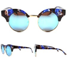 Designer Elegant Celebrity Gold Rim Cat Eye Round Blue Mirrored Lens  Sunglasses