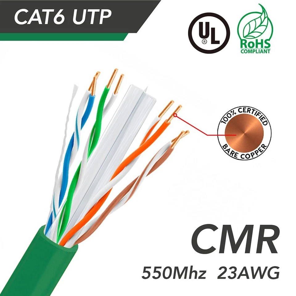 1000FT CAT6 Network LAN Ethernet UTP Bulk Cable Solid Copper Wire 23AWG Green - Image 2 of 4