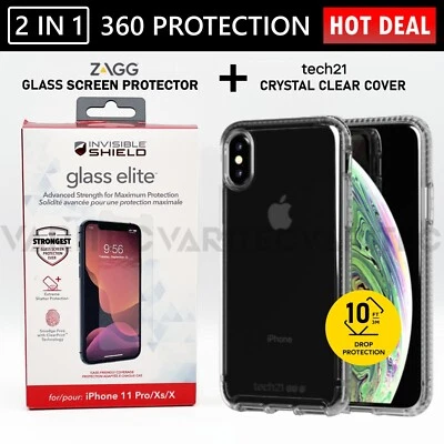 For iPhone X XS 10 Zagg Glass Screen Saver + Tech21 Clear Cover Back Case X XS - Image 1 of 3