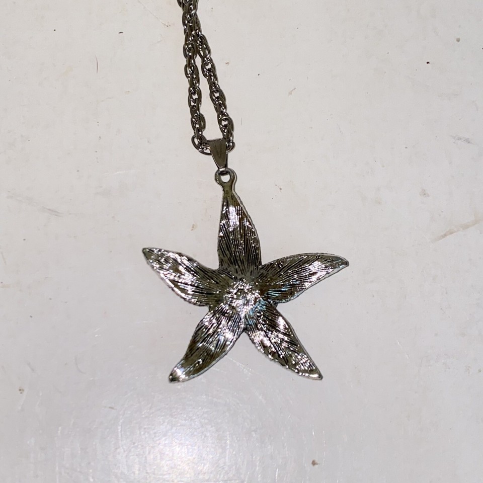 Vintage Starfish Pendant with Faux Turquoise Beads on 24" Silvertone