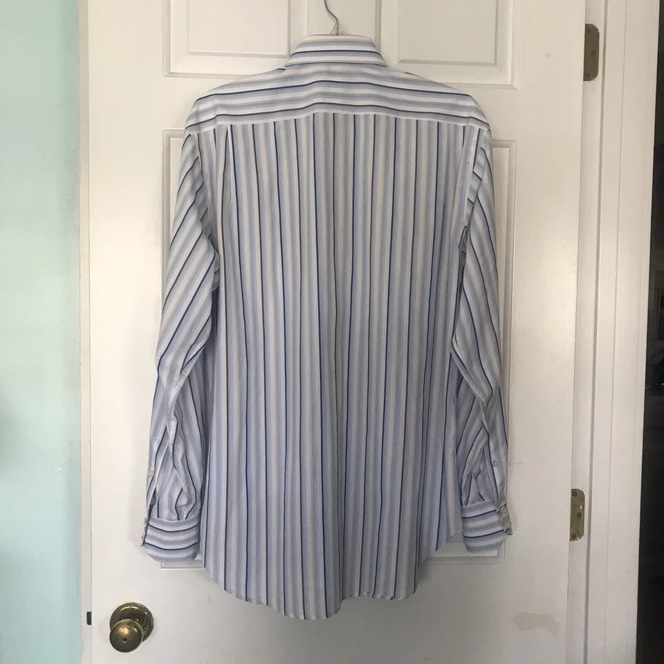 Tailorbyrd 棉正装衬衫男式中号蓝色棕色白色条纹长袖 — 第 2/4 张图片