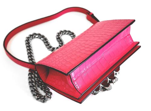 Alexander McQueen Mini Jewelled Satchel Croc Embossed Leather Crossbody Bag Pink - Picture 3 of 5