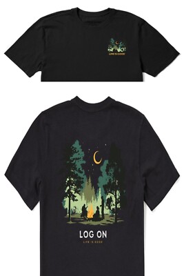 Life Is Good SS Shirt Crusher Tee LOG ON CAMPFIRE Camp Music Chest48in Mens L