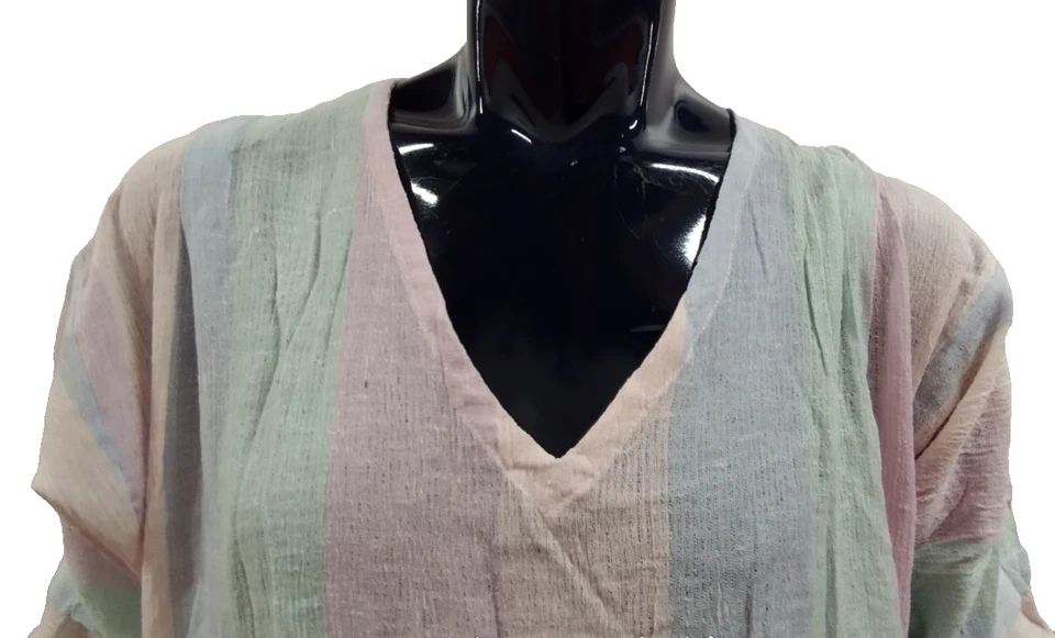 Vintage Rainbow Sherbet Dress M Gauzy Cotton V-neck Pleated Sleeve Trans Colors - Image 4 of 4