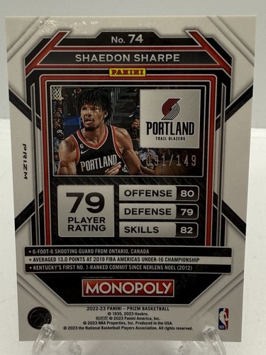 2022-23 Panini Prizm Monopoly Pink Prizm /149 Shaedon Sharpe #74 Rookie RC - Picture 3 of 3