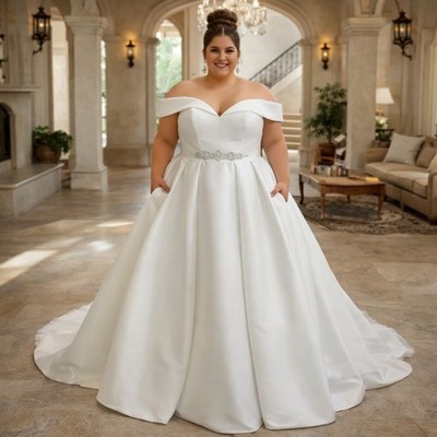 UK Übergröße Braut Satin A-Linie Herzausschnitt Brautkleid Größen 6-26 weiß/elfenbein