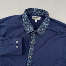 Express Slim Fit Mens Large Navy Blue Floral Trim Long Sleeve Button Down Casual