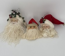 Three Vintage 3D Santa Head Christmas Ornaments-2 Hard Heads And 1 Cloth Head