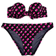 Victoria's Secret Polka Dot Bikini Set 34C M Black Pink BioFit Bandeau Quirky