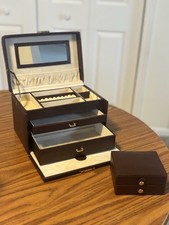Brown Leather Jewelry Box with Mirror, Lined, Padded, Removable Travel Case