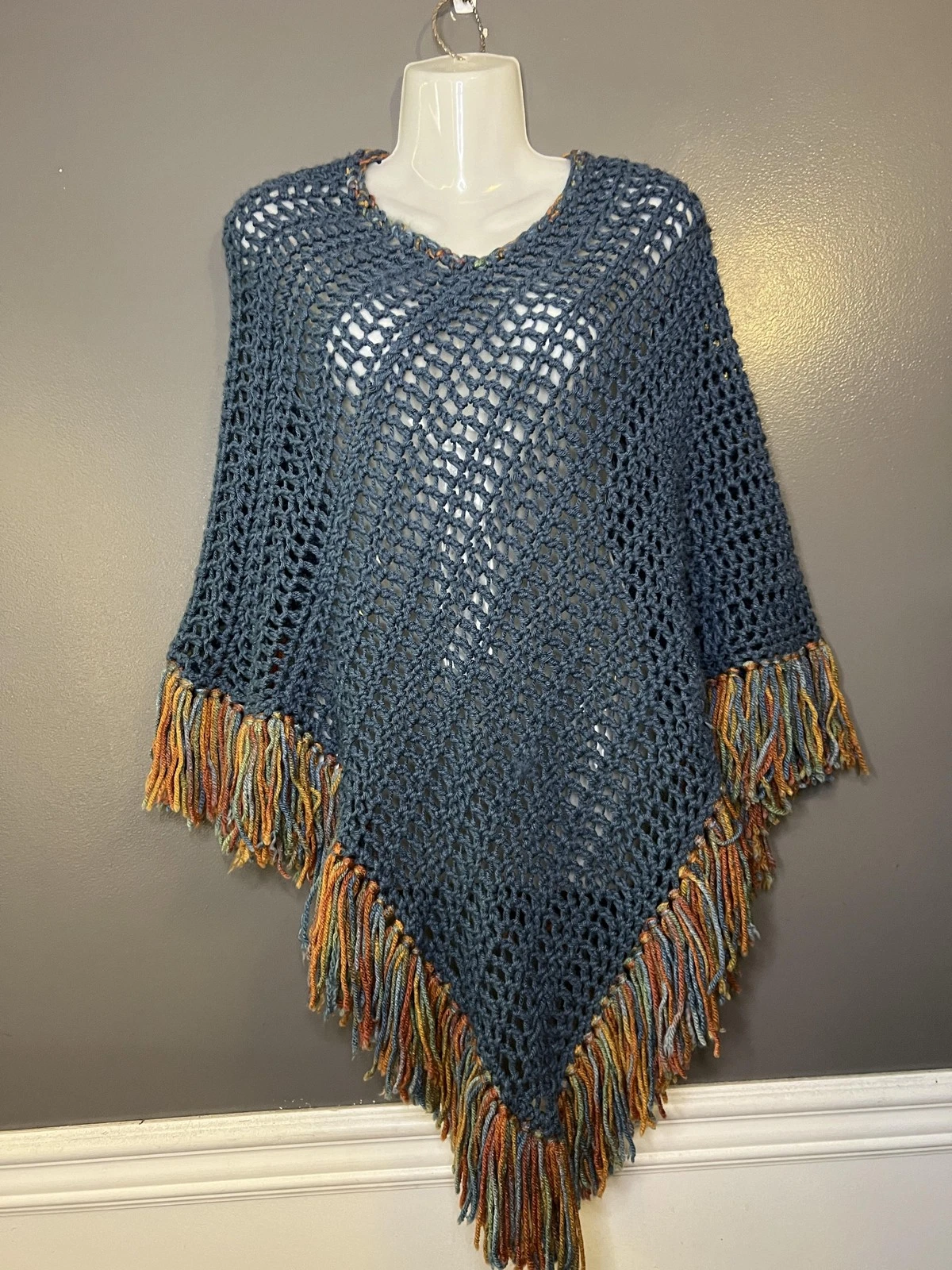 Handmade Sweater Cape Poncho Women One Size Blue Crochet Open Knit Fringe V Neck