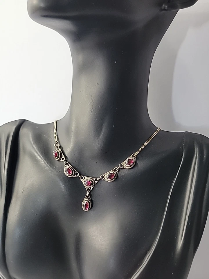 Collar vintage de plata de ley 925 con cabujón y piedra roja joyería artesanal Foto 4 de 4