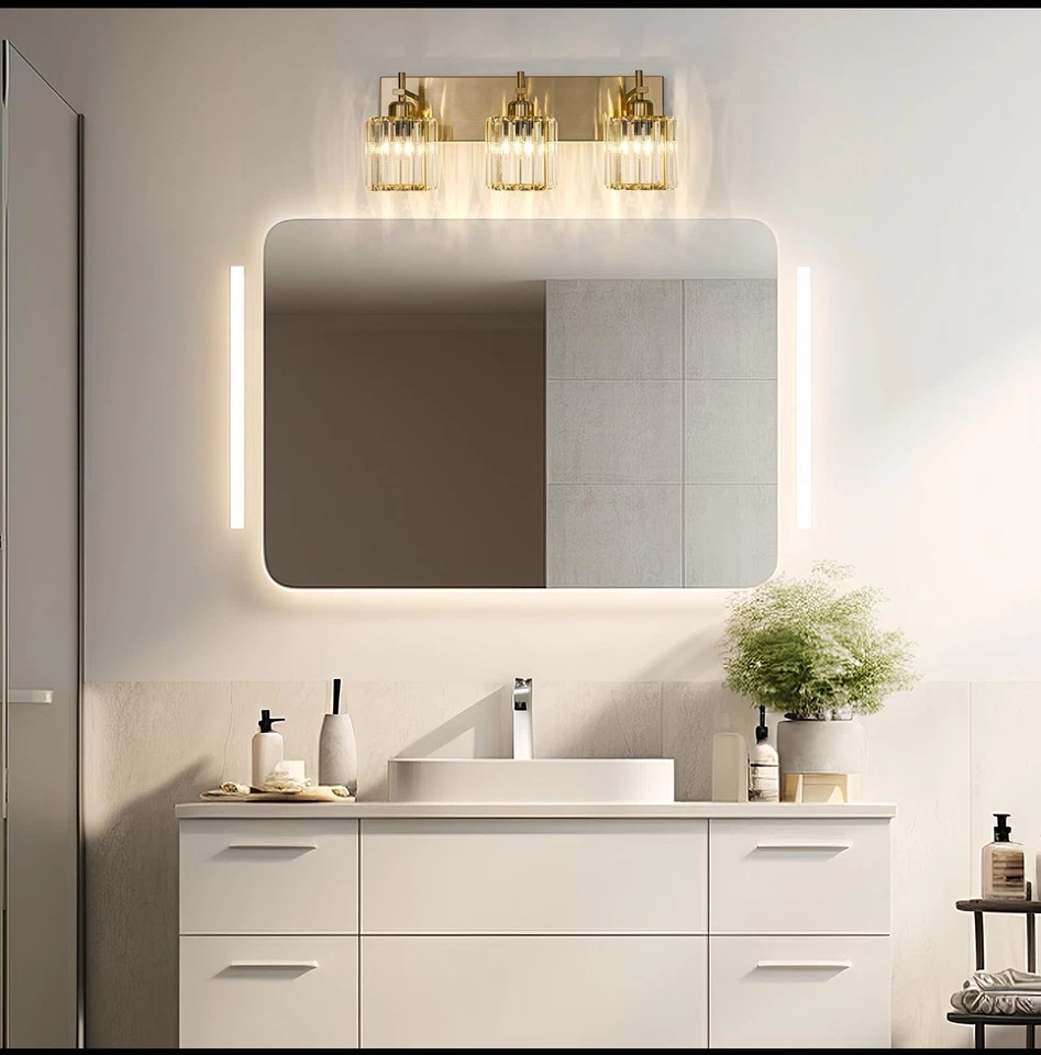 Luces de tocador de baño modernas de cristal, lámparas de baño doradas de 3 luces... Foto 2 de 4