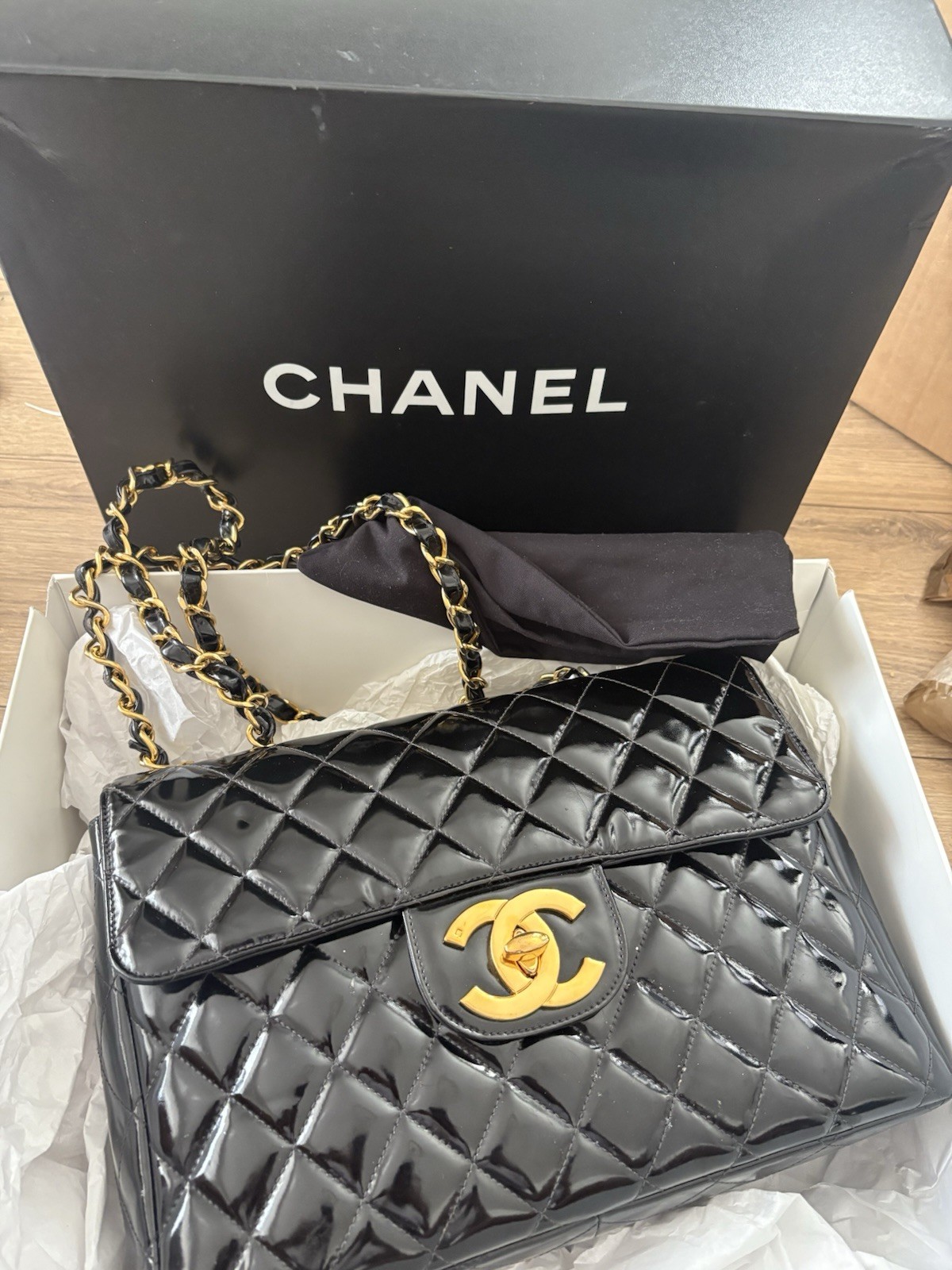 CHANEL Handbag Classic Jumbo XL Flap Vintage 24K Gold Hardware Black Handbag