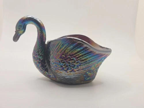 VTG Fenton Amethyst Carnival Glass Swan Pin Dish Trinket Holder Iridescent