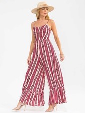 Burgundy Floral Print Wide Leg Jumpsuit Size Medium Smocked Bodice Pockets