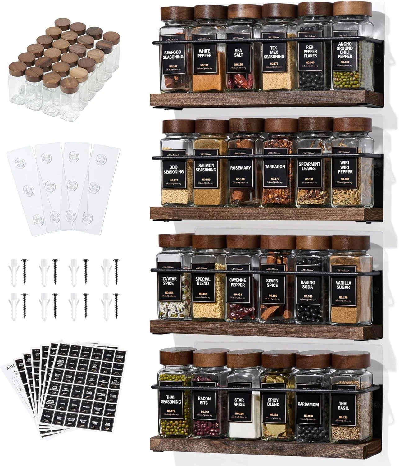 4-Tier Wall Mount Spice Rack Organizer with 24 Glass Jars, 216 Labels & Funnel -