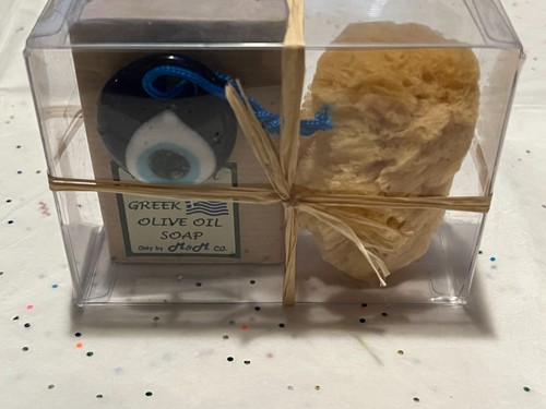 3PC Set Pure Greek Handmade Olive Oil Soap, Loaf Sponge & Glass Evil Eye - Picture 4 of 6