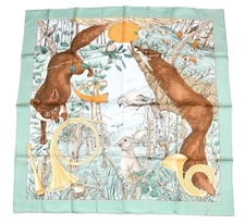 Hermes Scarf Chasse au bois 90 cm silk light green Carre fox animal hunter 35"