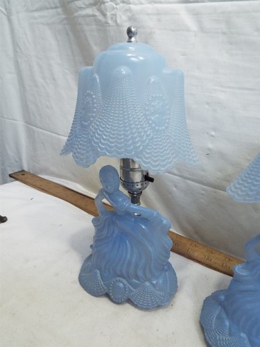 2 Blue Glass Figural Boudoir Lamp Victorian Dancing Lady Southern Bell Shade - Picture 3 of 8
