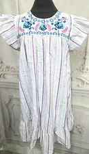 Victorian Trading Vibrant Bloom L Purple Stripe Embroidered Porch House Dress 6D