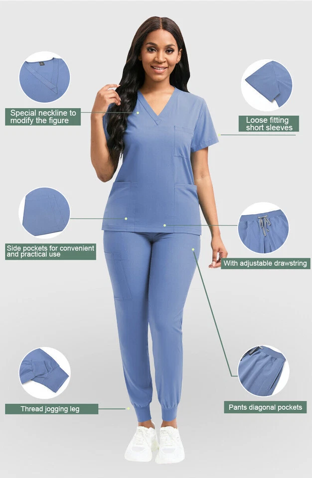 Stretch Medical Nurse Uniform Women Scrub Set V-Neck 3-Pocket-Top Jogger Pants - Image 4 of 4