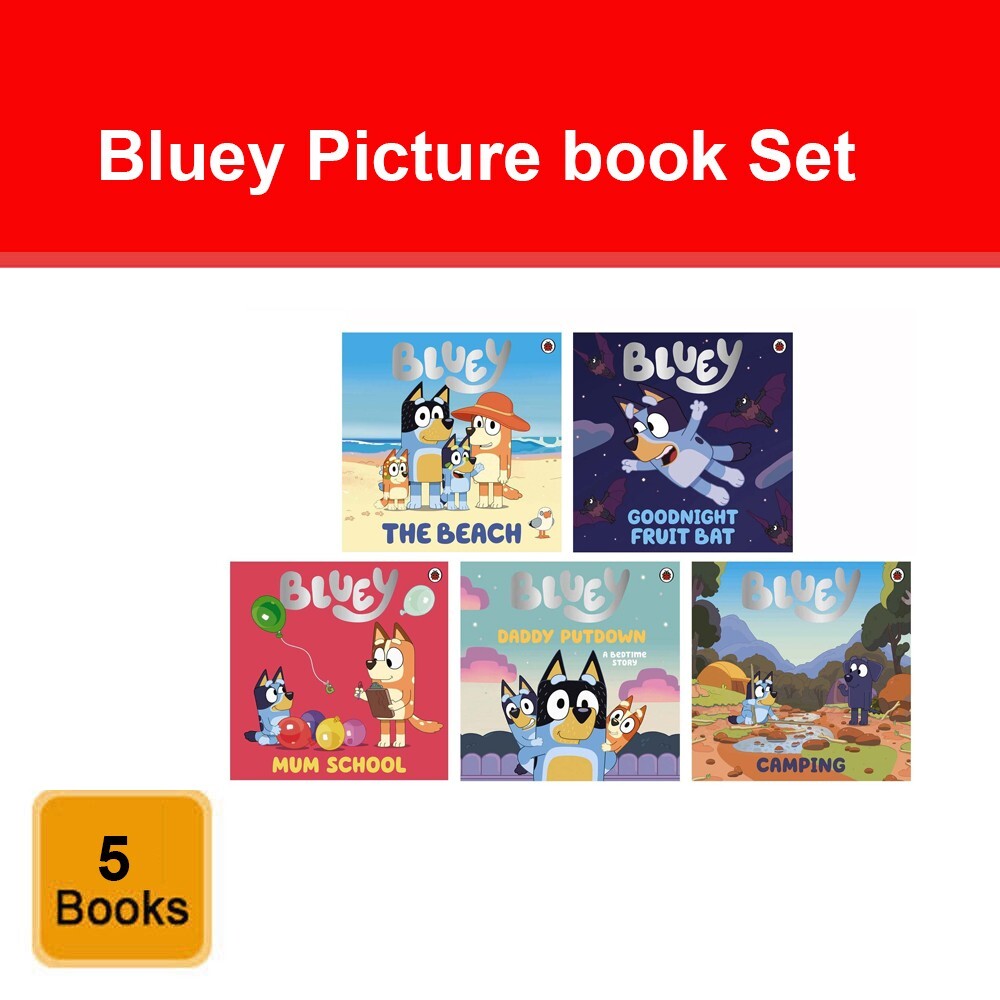 Bluey 5 Picture Book Story Collection Set The Beach,Goodnight Fruit Bat,Camping