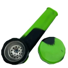 Silicone Smoking Pipe with Metal Bowl & Cap Lid | Green/Black  | USA