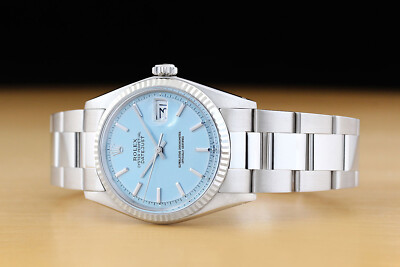 ROLEX MENS DATEJUST 1601 ICE BLUE DIAL 18K WHITE GOLD STEEL WATCH
