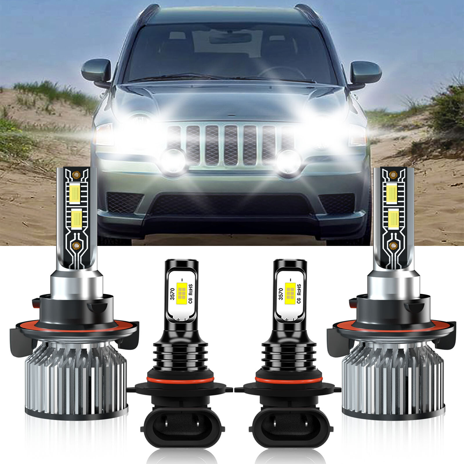 9008H13+9145 LED Headlight Fog Light Bulbs Combo kit For Jeep Patriot 2007-2009